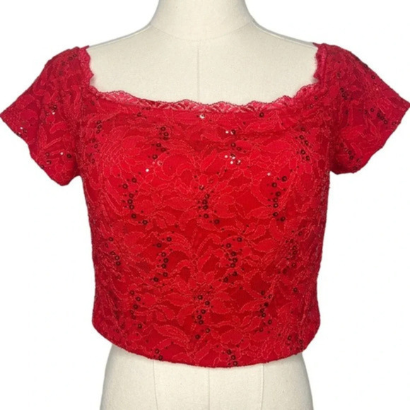 B. Darlin Juniors Red Lace Sequined Crop Top Size 13/14 - Picture 2 of 7